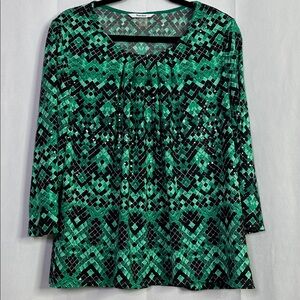 Green and Black Top Shiny Discs Patterned Tan Jay Lined Front Blouse
